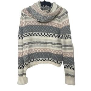 KENJI Cotton Wool Blend Cowl Neck Fair Isle Sweater Cream Pink Gray Large